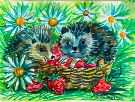 Strawberry happiness in daisies by artist Anastasia Shimanskaya